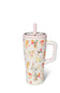 20 oz tumbler water bottle, white with pastel flowers all over and pink accents 