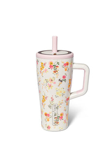 20 oz tumbler water bottle, white with pastel flowers all over and pink accents 