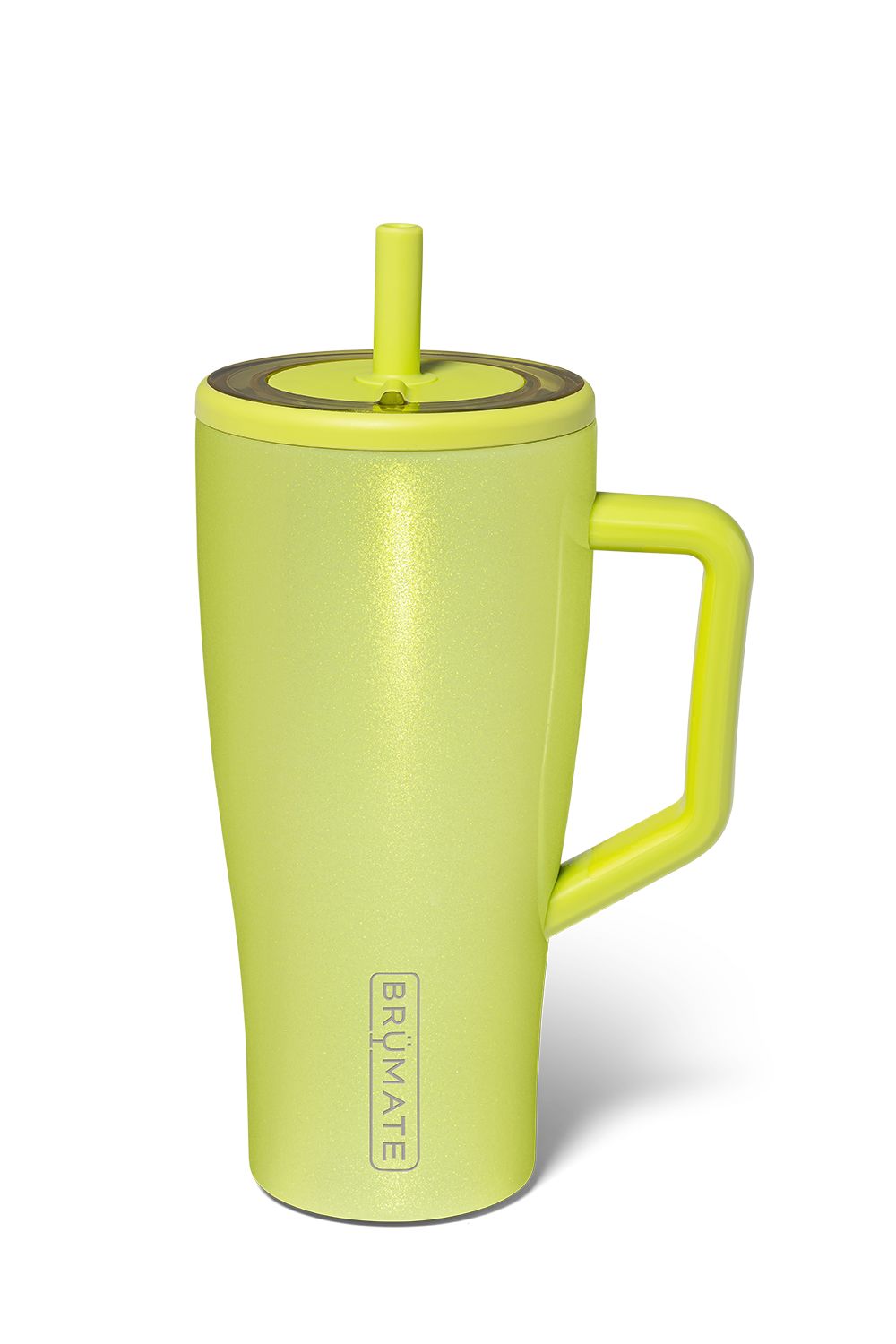 A lime green insulated travel tumbler with a matching handle, lid, and straw, featuring the vertical 'BRUMATE' logo near the bottom, set against a plain white background.