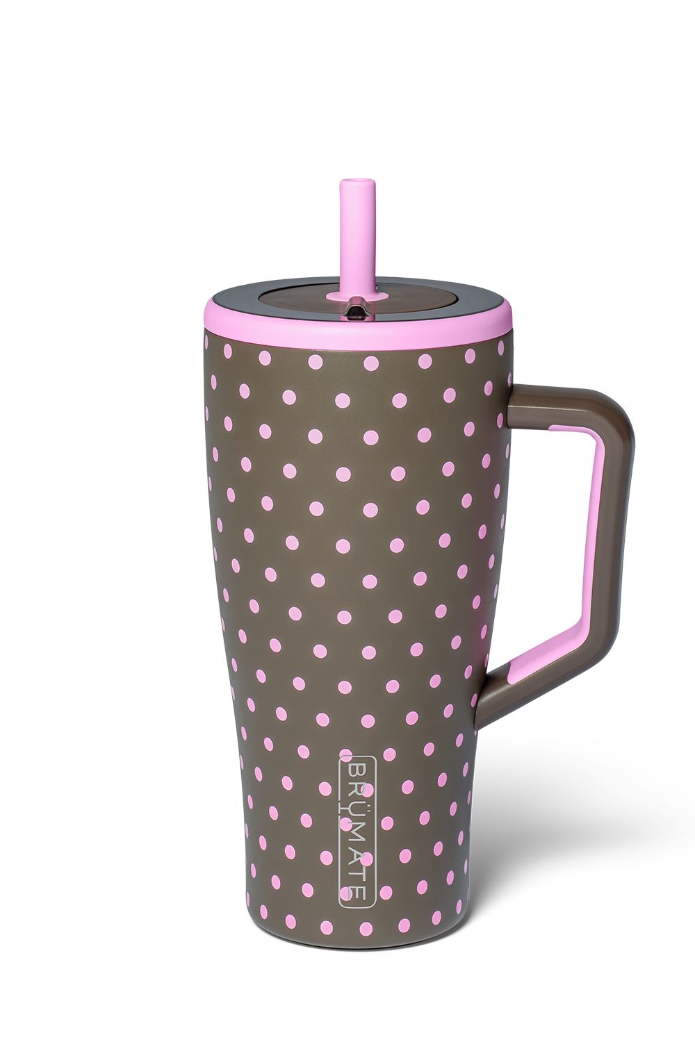A tall insulated tumbler with a handle, featuring a dark brown body covered in pink polka dots, a pink lid and straw, and a dark brown handle with pink trim. The brand name 'BRUMATE' is printed vertically near the bottom.