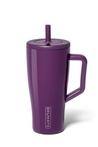 A purple insulated travel tumbler with a handle, matching lid, and straw, featuring the BRAWMATE logo on the front, set against a plain white background.