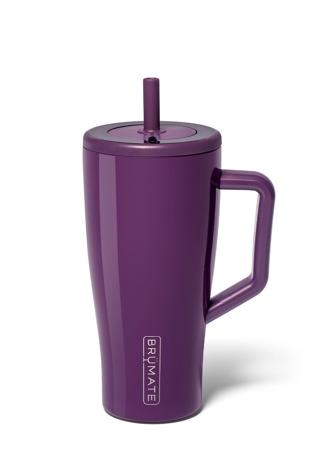 A purple insulated travel tumbler with a handle, matching lid, and straw, featuring the BRAWMATE logo on the front, set against a plain white background.