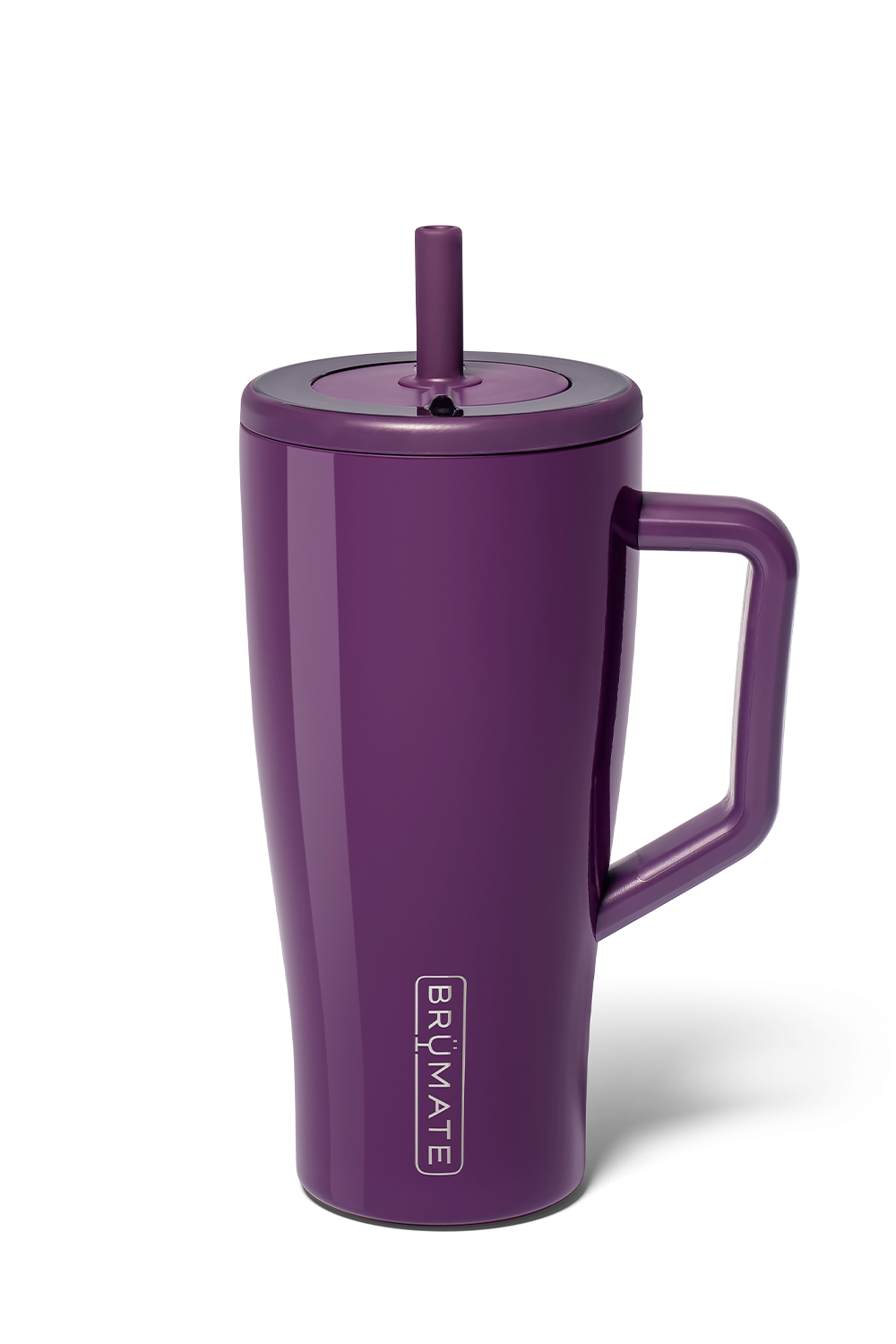 A purple insulated travel tumbler with a handle, matching lid, and straw, featuring the  logo on the front, set against a plain white background.