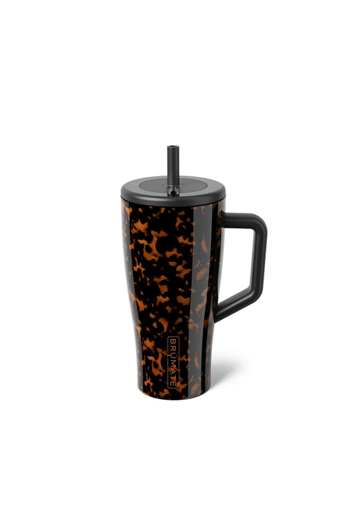 A tall handled tumbler with a black lid and straw, featuring a glossy black and brown tortoiseshell pattern, shown on a plain white background.