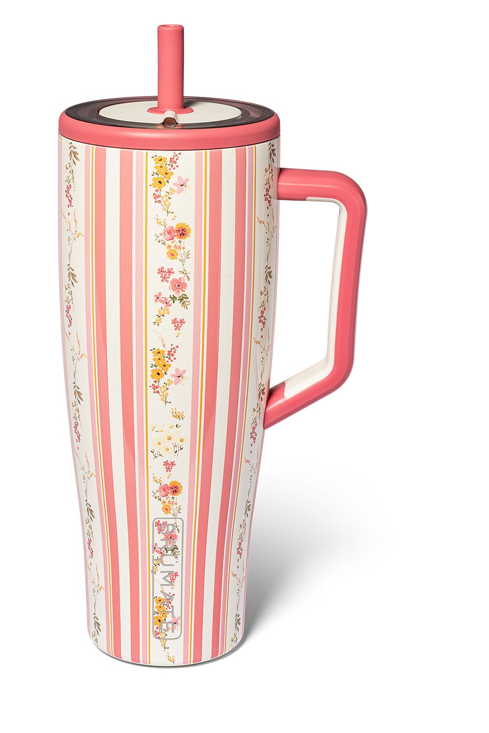 Brumate tumbler with a vertical pink stripe and floral pattern, with a side handle on a white background