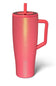A pink insulated travel tumbler with a handle, matching lid, and straw, shown on a white background. 