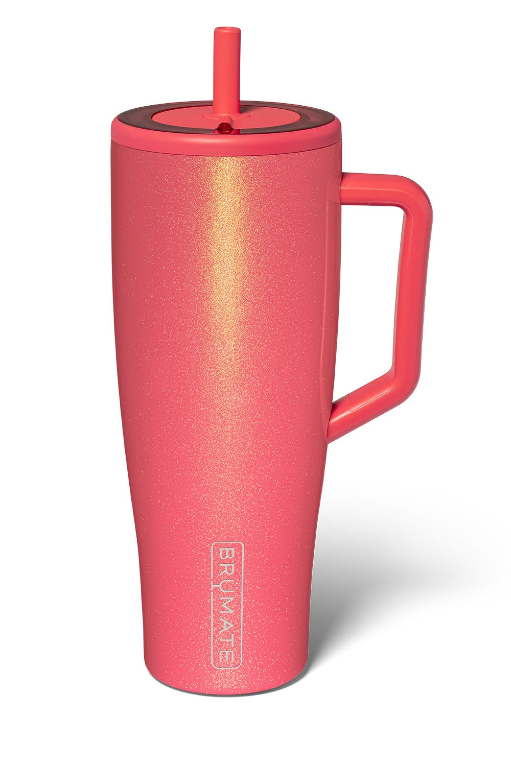 A pink insulated travel tumbler with a handle, matching lid, and straw, shown on a white background. 