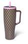 A tall insulated travel tumbler with a dark brown body covered in pink polka dots, featuring a matching pink lid and straw, and a dark brown handle with pink accents. The brand name 'ERIVARE' is vertically printed near the bottom.