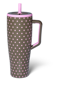 A tall insulated travel tumbler with a dark brown body covered in pink polka dots, featuring a matching pink lid and straw, and a dark brown handle with pink accents. The brand name 'ERIVARE' is vertically printed near the bottom.