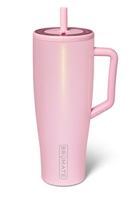 40oz Brumate tumbler in a pastel, sparkly pink with handle 