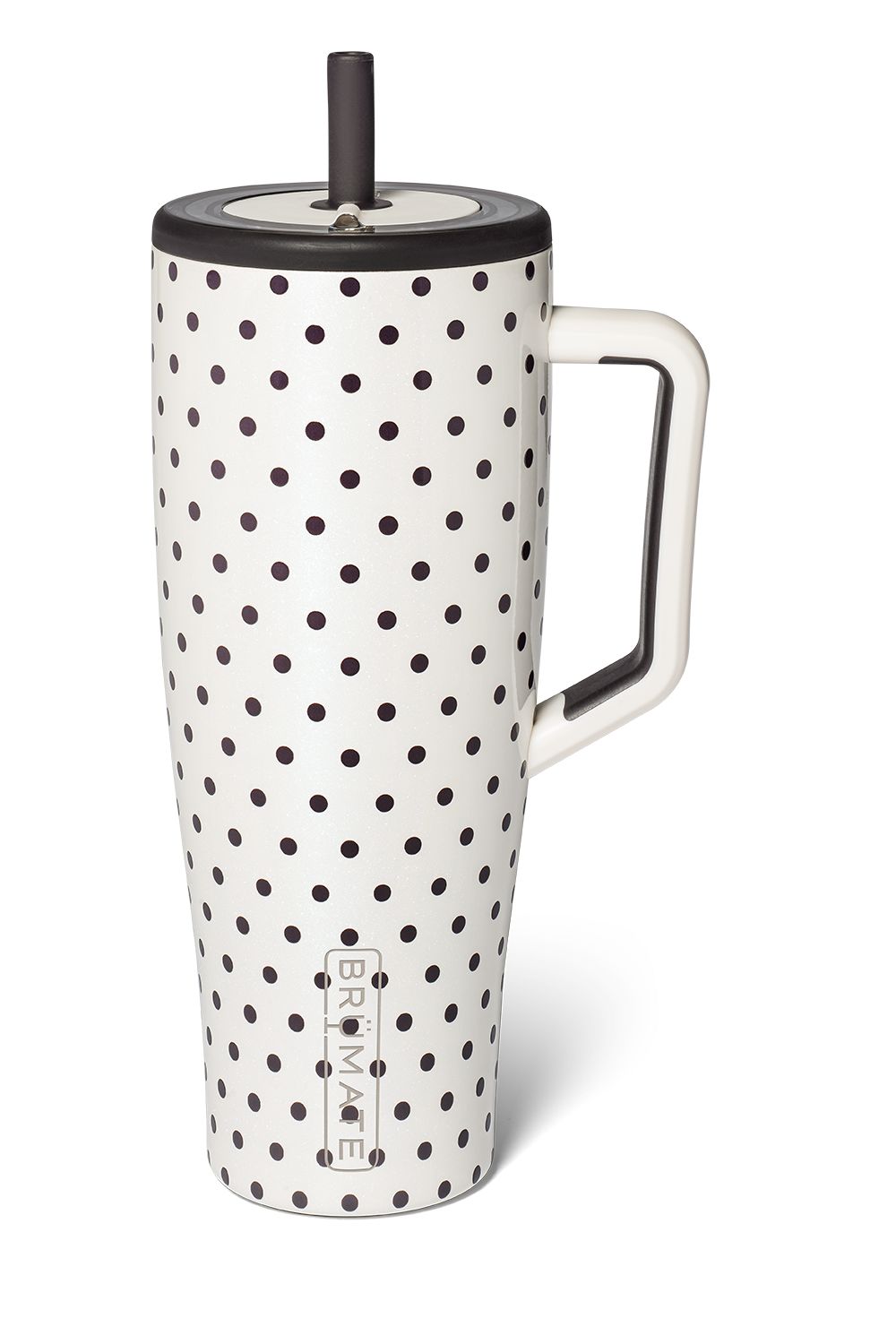 A tall white travel mug with a black polka dot pattern, featuring a white handle, a black lid, and a black straw, shown on a white background.