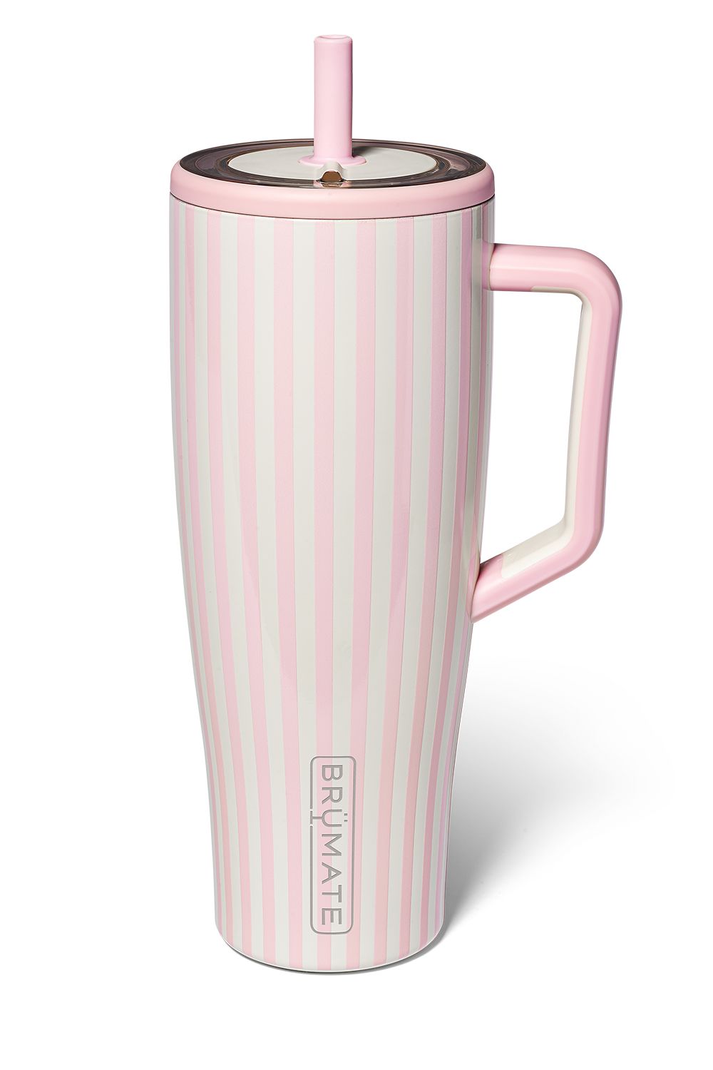 Pink and white vertical stripe pattern on a 40oz tumbler 