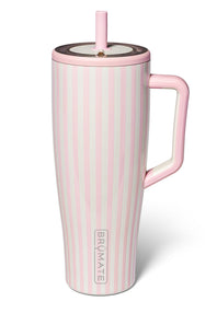 Pink and white vertical stripe pattern on a 40oz tumbler 
