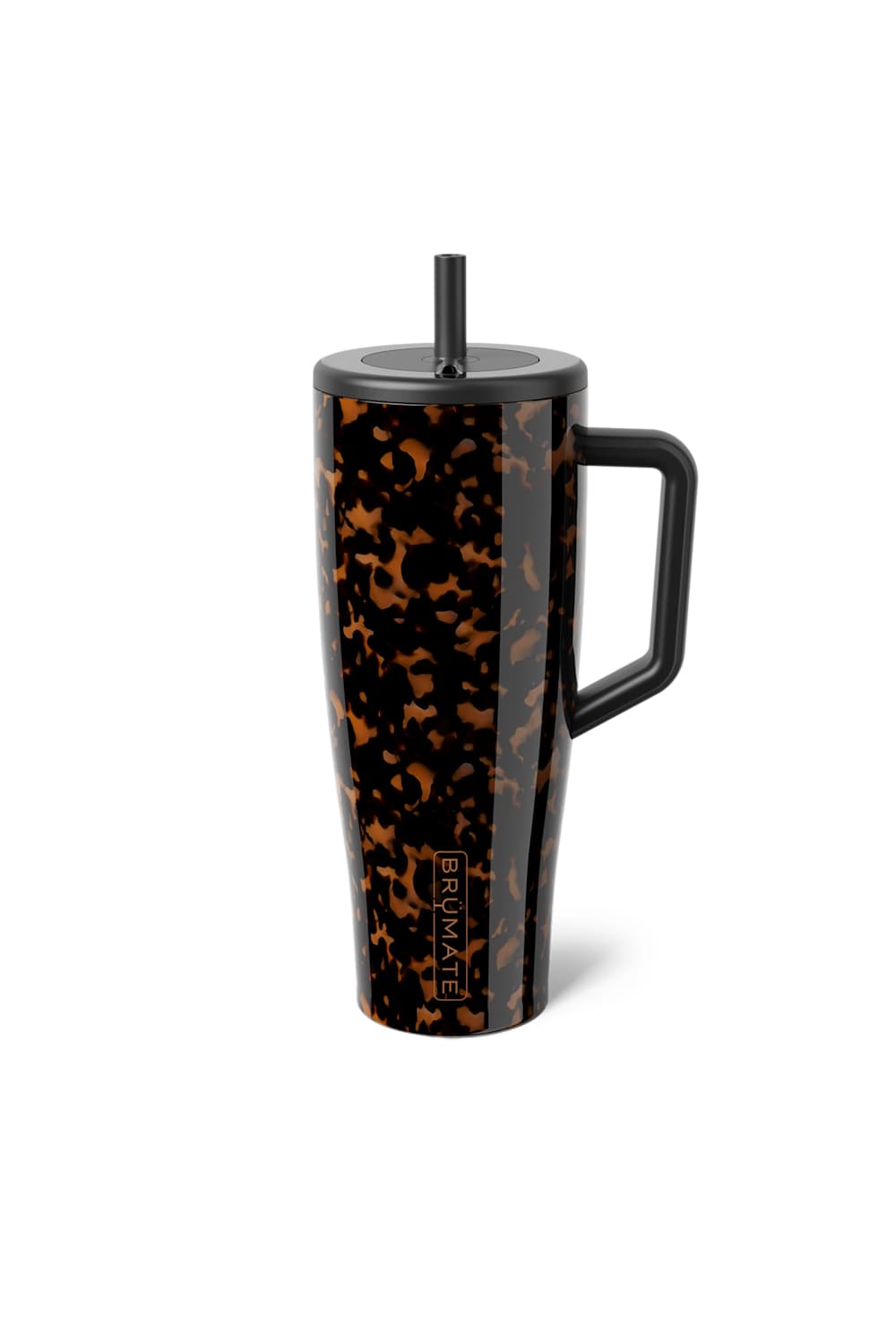 A tall handled tumbler with a black lid and straw, featuring a brown and black tortoiseshell pattern, shown on a plain white background.