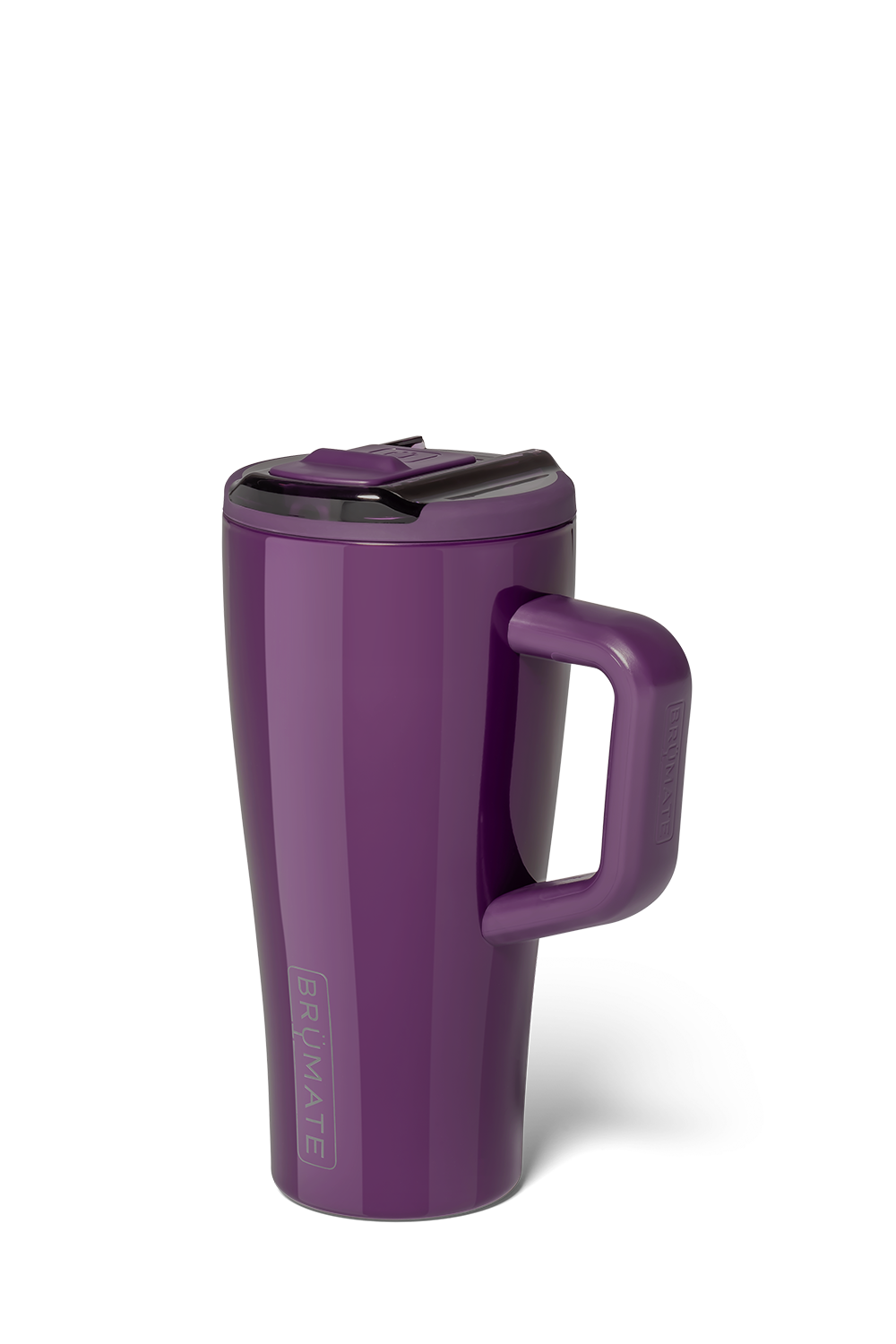 A purple insulated travel mug with a matching purple handle and lid, featuring a black rim and a vertical logo on the side, set against a plain white background.