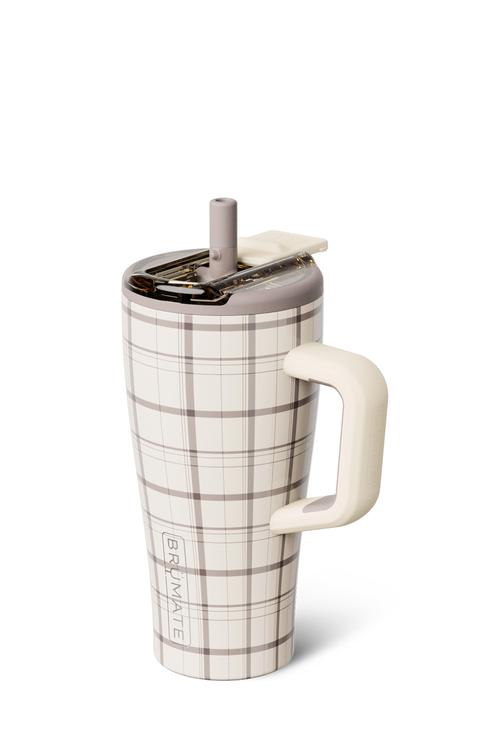 A plaid insulated travel tumbler with a handle, lid, and straw, shown on a clean white background. 