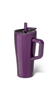 A purple insulated travel tumbler with a handle, lid, and straw, shown on a clean white background.