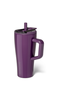 A purple insulated travel tumbler with a handle, lid, and straw, shown on a clean white background.