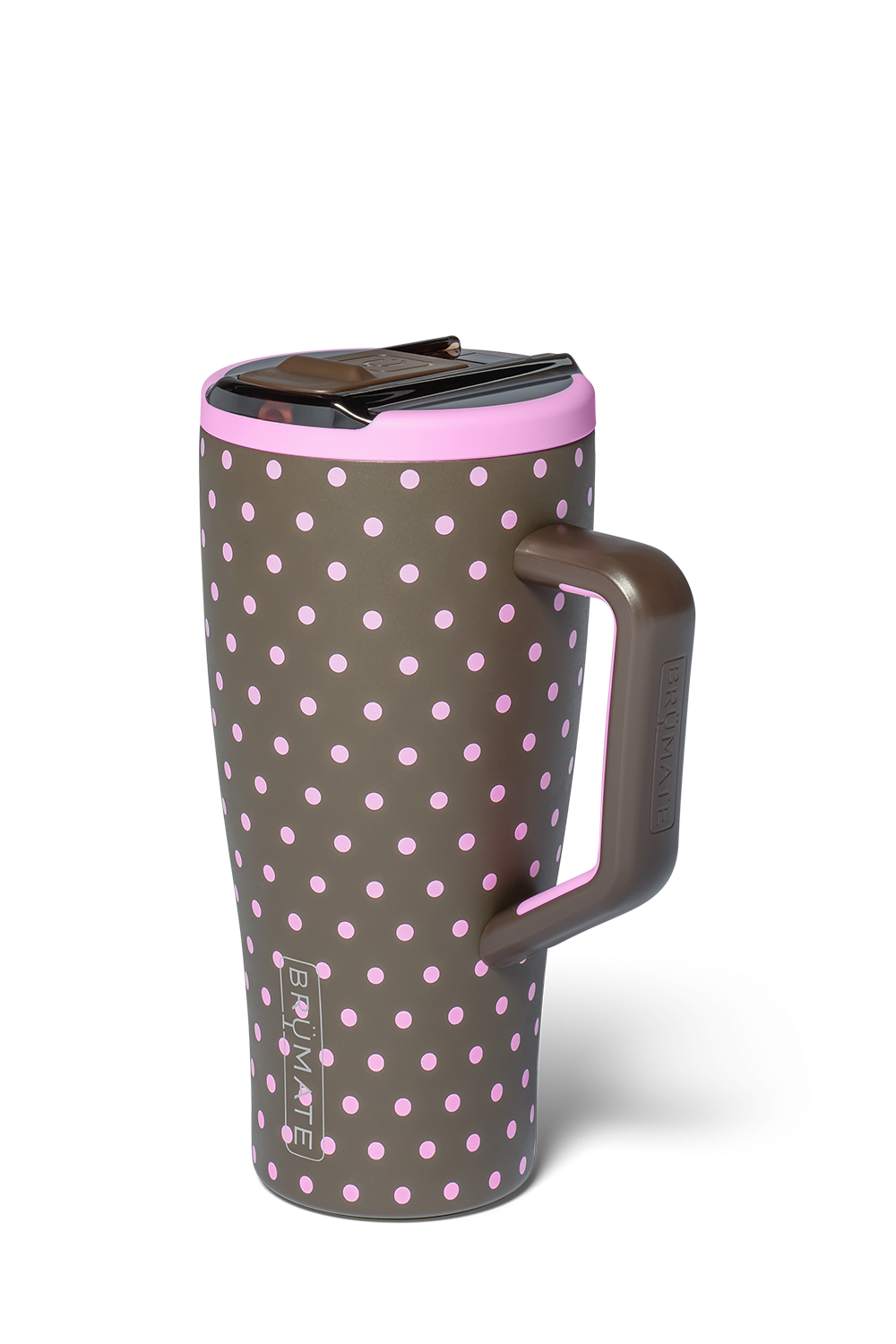 A travel tumbler with a dark brown body covered in pink polka dots, featuring a matching dark brown handle, a pink rim, and a dark brown lid, shown on a white background.