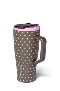 A travel tumbler with a dark brown body covered in pink polka dots, featuring a matching dark brown handle, a pink rim, and a dark brown lid, shown on a white background.