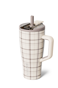 A plaid insulated travel tumbler with a handle, lid, and straw, shown on a clean white background.