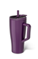 A purple insulated travel tumbler with a handle, lid, and straw, shown on a clean white background.