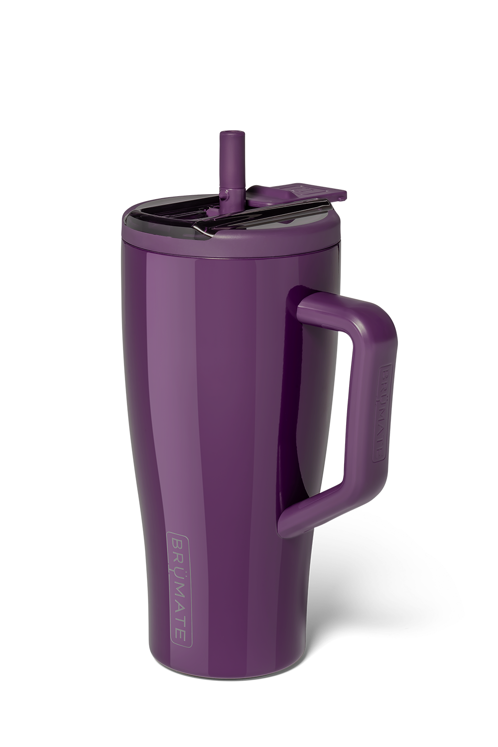 A purple insulated travel tumbler with a handle, lid, and straw, shown on a clean white background.