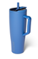 A blue  travel tumbler with a handle, lid, and straw, shown on a clean white background.