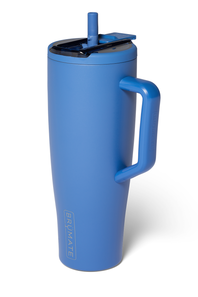 A blue  travel tumbler with a handle, lid, and straw, shown on a clean white background.