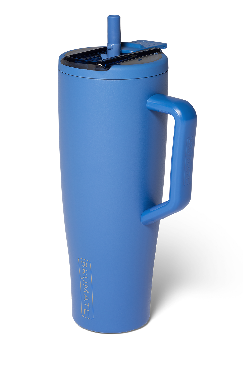 A blue  travel tumbler with a handle, lid, and straw, shown on a clean white background.
