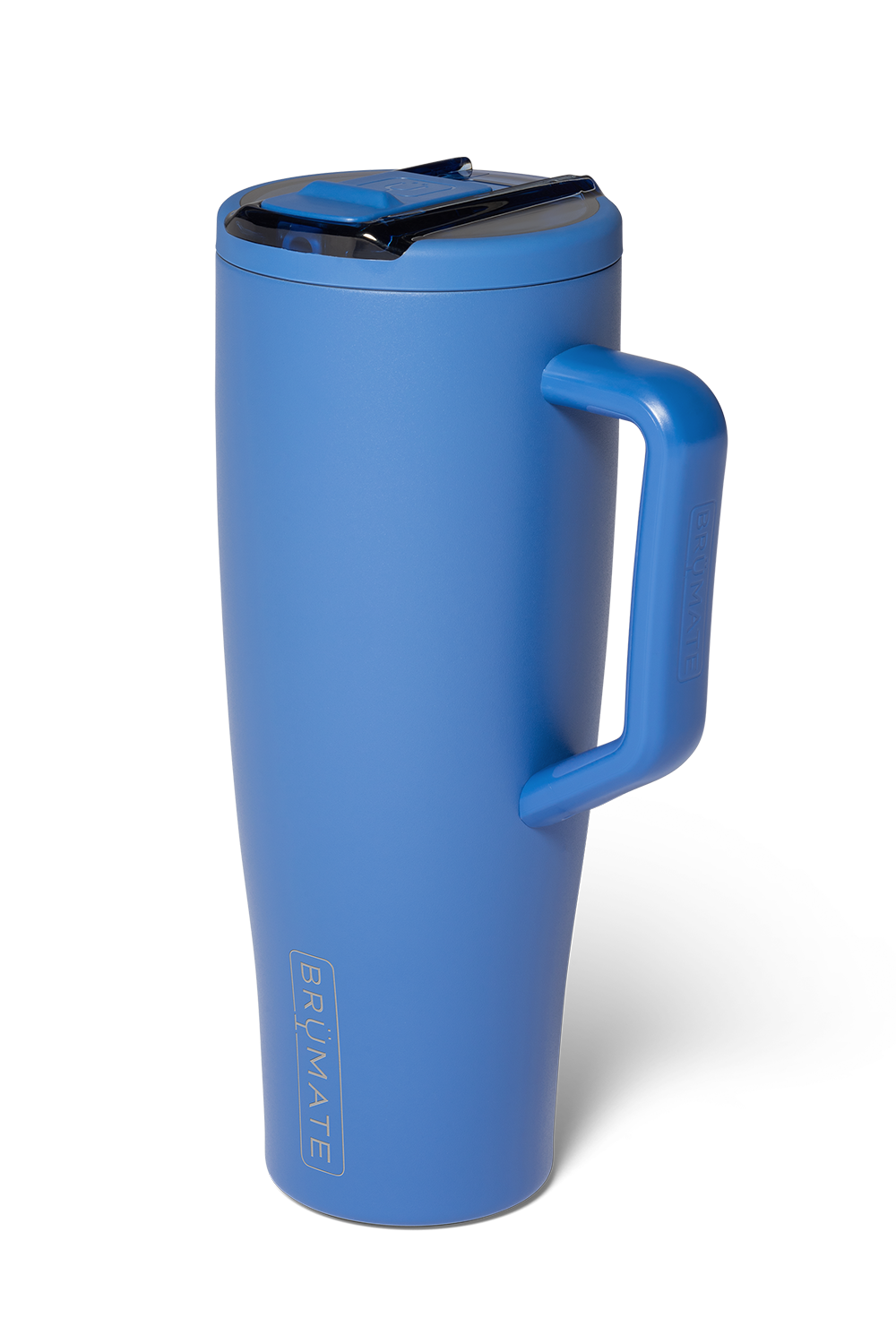 A matte blue insulated travel tumbler with a matching blue handle and lid, featuring a black straw insert and the brand name printed vertically near the base, set against a plain white background.