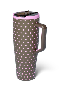 A travel tumbler with a brown body covered in pink polka dots, featuring a matching brown handle, a pink rim, and a dark brown lid with a clear window.