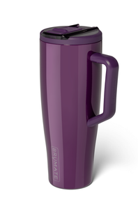 A purple insulated travel tumbler with a matching handle and lid, featuring the vertical logo near the base, shown on a white background.