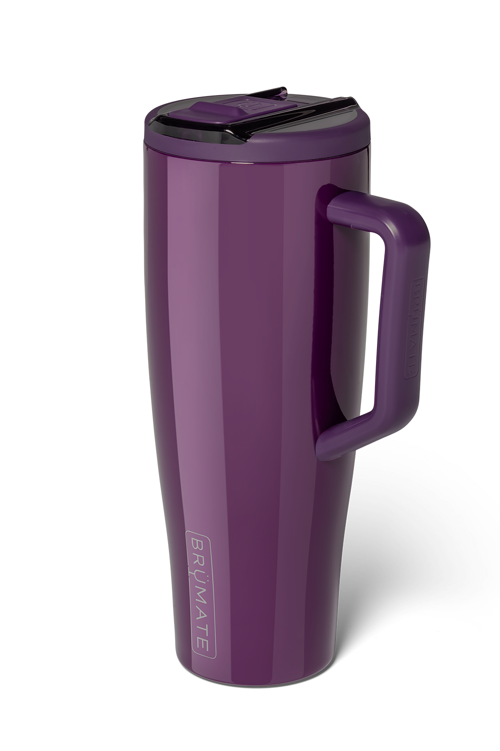 A purple insulated travel tumbler with a matching handle and lid, featuring the vertical logo near the base, shown on a white background.