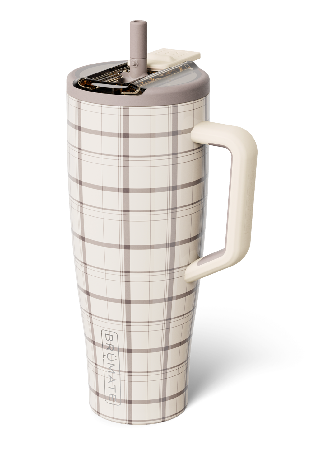 A tall insulated travel tumbler with a cream and taupe plaid pattern, featuring a matching cream handle, a cream lid, and a beige straw, shown on a white background.