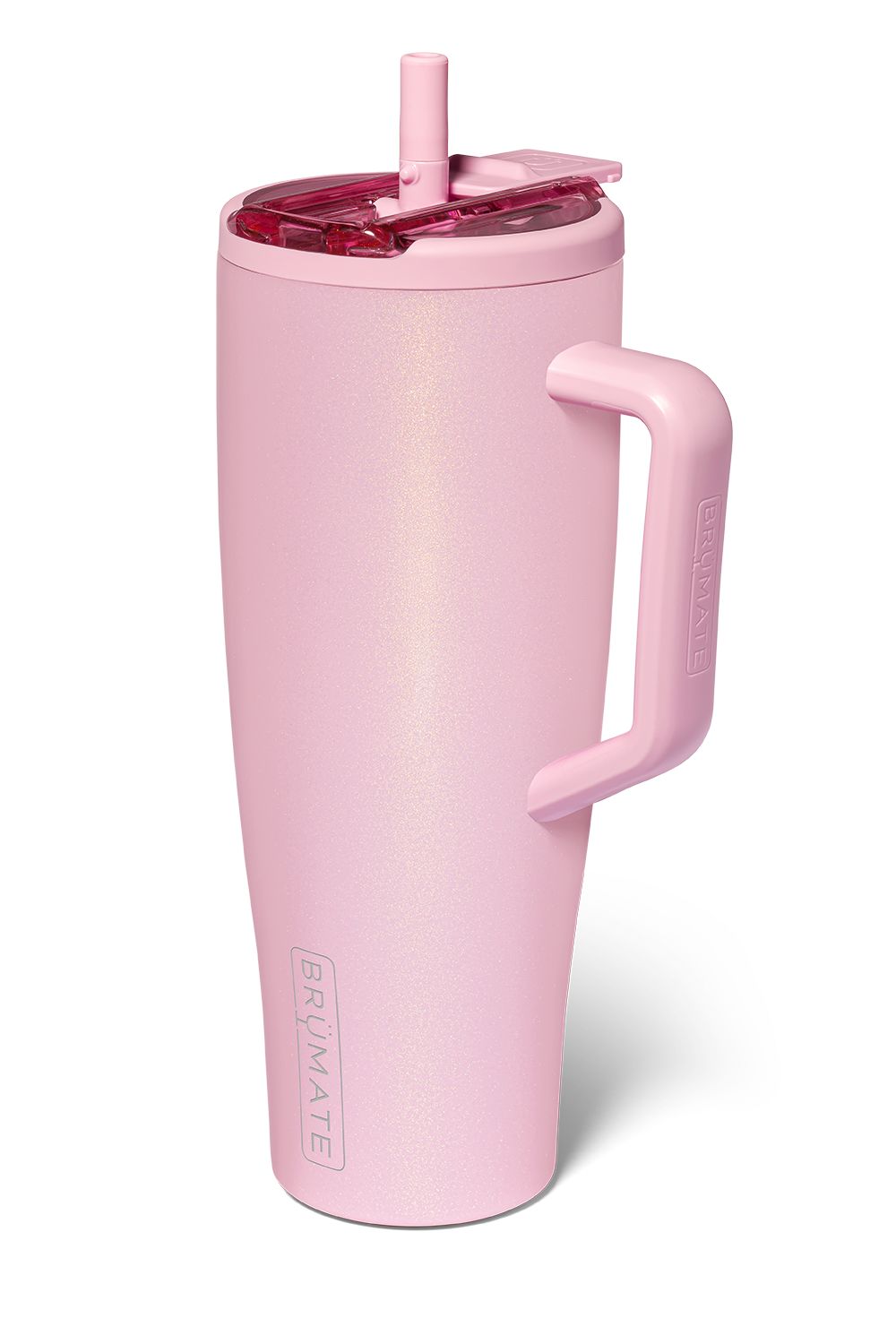 BruMate Era tumbler with slide-straw with handle, in a sparkly pink