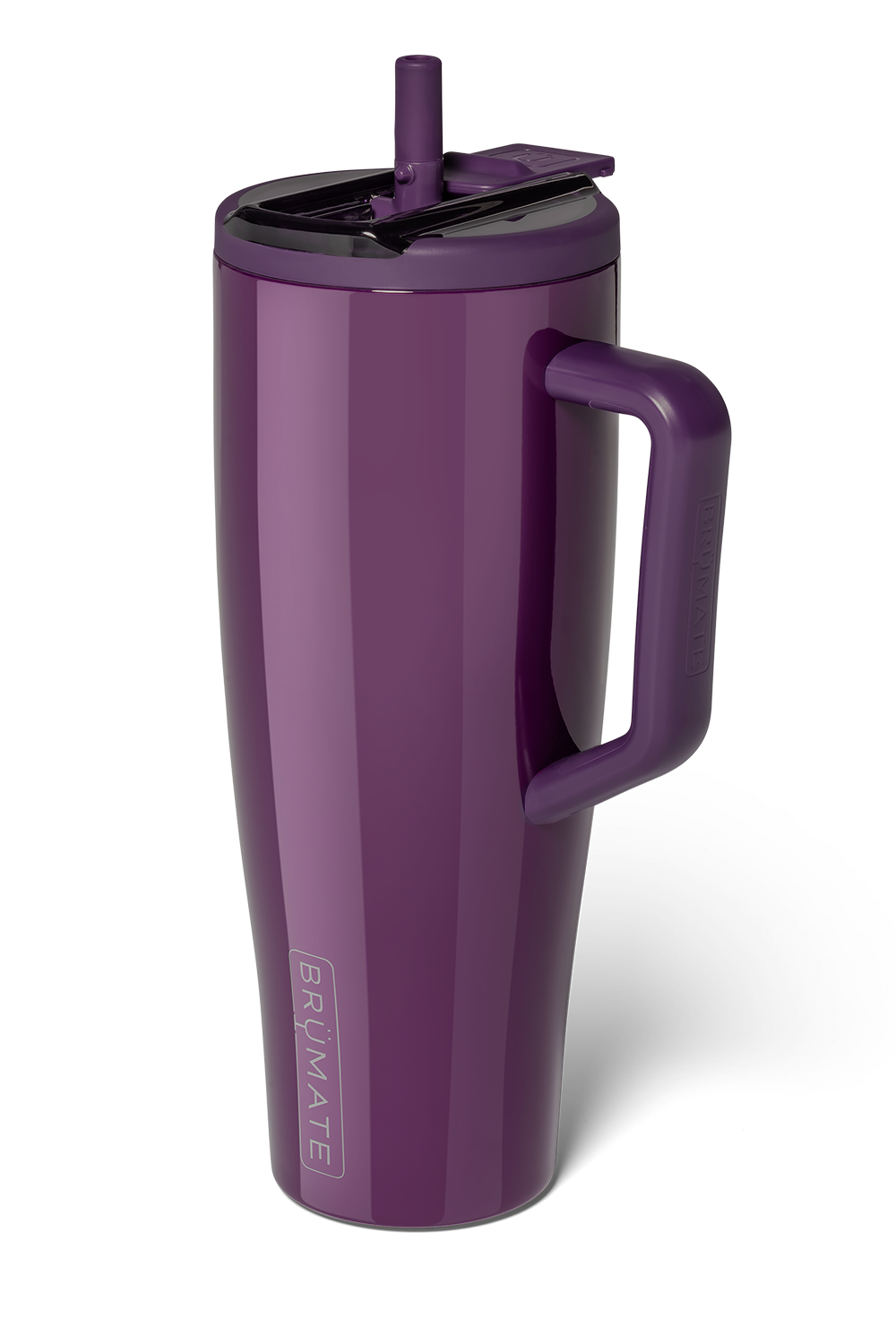 A tall, insulated travel tumbler in a deep purple color, featuring a matching purple handle and lid with a straw, on a clean white background.