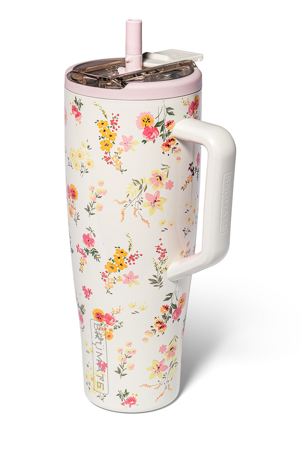 40 oz water bottle with handle, with pink and yellow flowers all over 