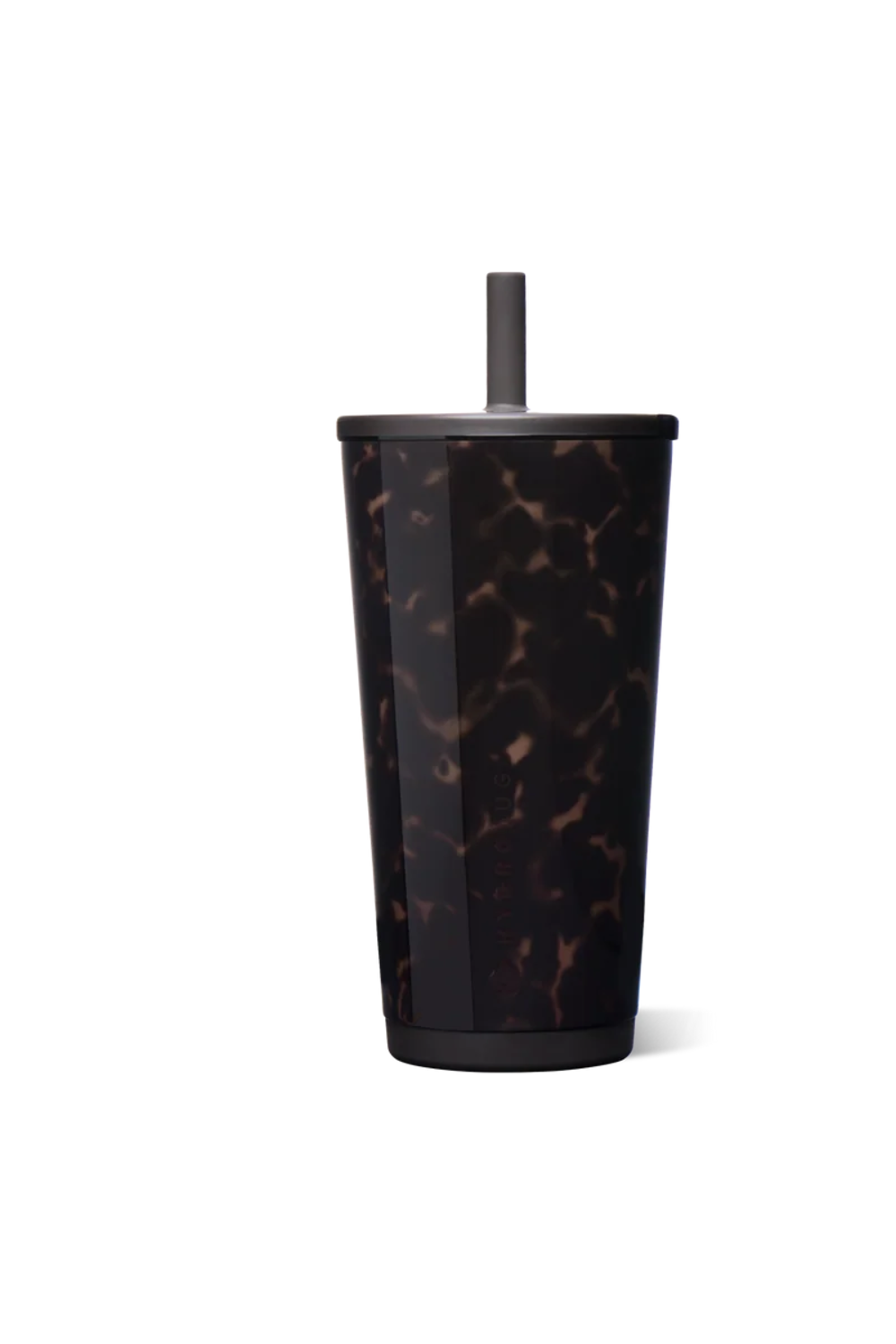 A tall, tapered travel tumbler with a dark tortoiseshell pattern in black and dark brown, featuring a matching dark lid and a simple dark gray straw, shown on a plain white background.