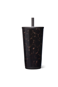 A tall, tapered travel tumbler with a dark tortoiseshell pattern in black and dark brown, featuring a matching dark lid and a simple dark gray straw, shown on a plain white background.