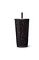 A tall black travel tumbler with a brown tortoiseshell pattern, featuring a matching black lid and a straight black straw, shown on a plain white background.