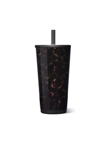 A tall black travel tumbler with a brown tortoiseshell pattern, featuring a matching black lid and a straight black straw, shown on a plain white background.