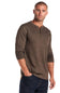 A man wearing a brown long-sleeve henley shirt and dark blue jeans, standing against a plain white background.