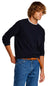 A man wearing a dark navy long-sleeve crewneck sweater with a white ribbed collar, paired with blue jeans and a brown woven belt, photographed against a solid white background.