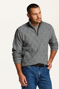A man wearing a gray cable-knit quarter-zip sweater over a gray t-shirt and blue jeans, standing against a plain off-white background.