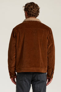 A man viewed from behind wearing a brown corduroy jacket with a beige sherpa collar and dark gray jeans, set against a plain light gray studio background.