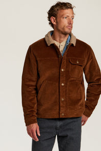 A man wearing a brown corduroy jacket with a beige sherpa collar, layered over a light blue shirt and dark gray jeans, photographed against a plain light gray studio background.