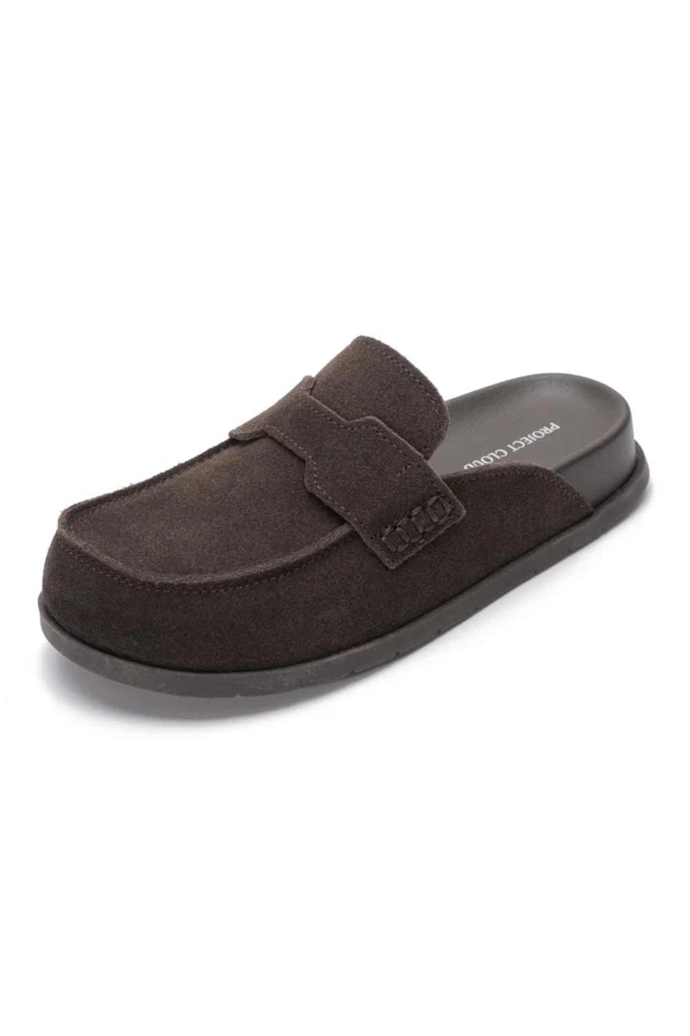 Project Cloud brand mules with a suede leather upper in a dark brown color