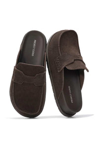 Project Cloud brand mules with a suede leather upper in a dark brown color