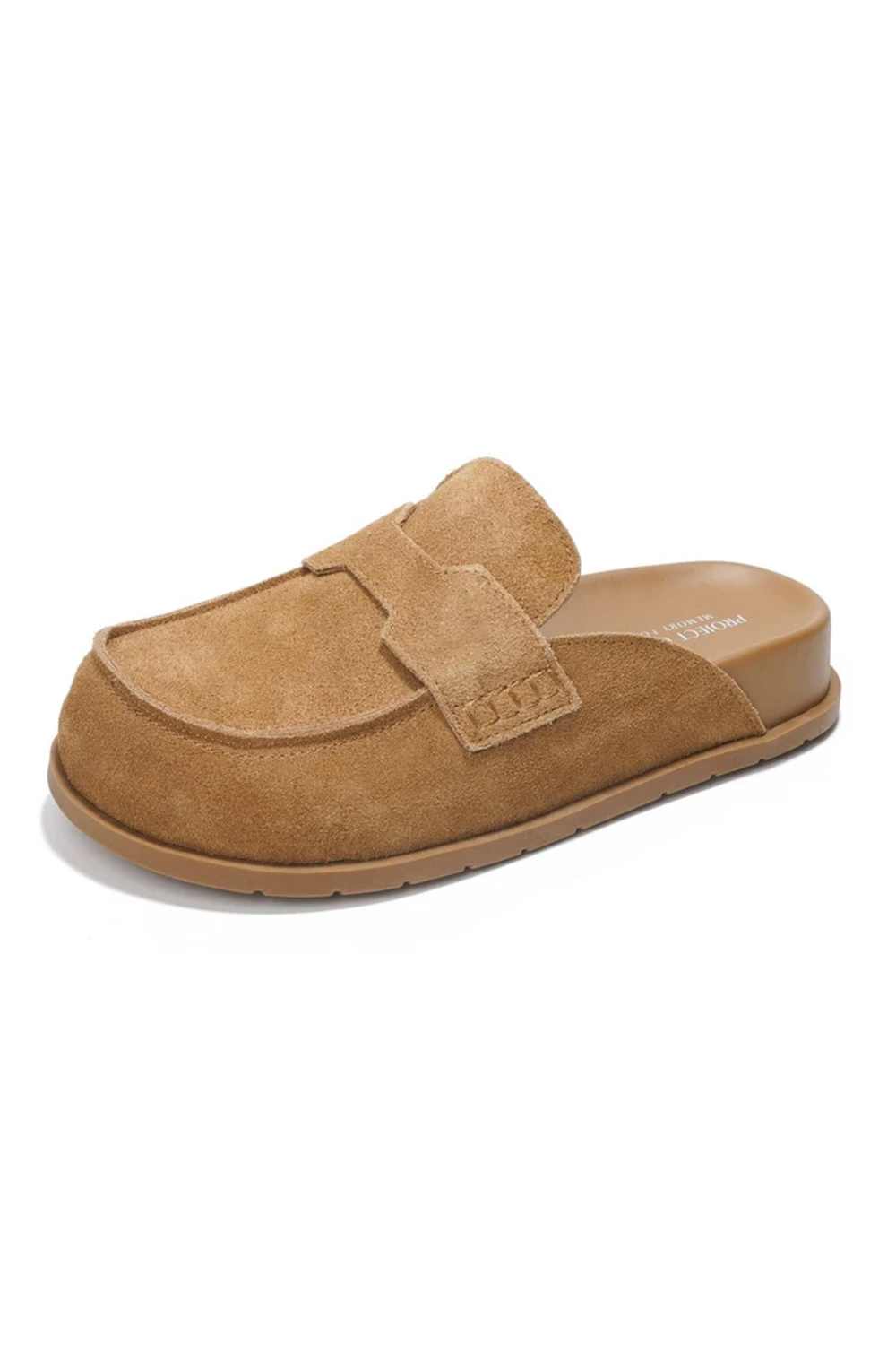 A tan suede slip-on mule shoe with a decorative strap detail on the vamp, shown from a three-quarters angle against a plain white background.